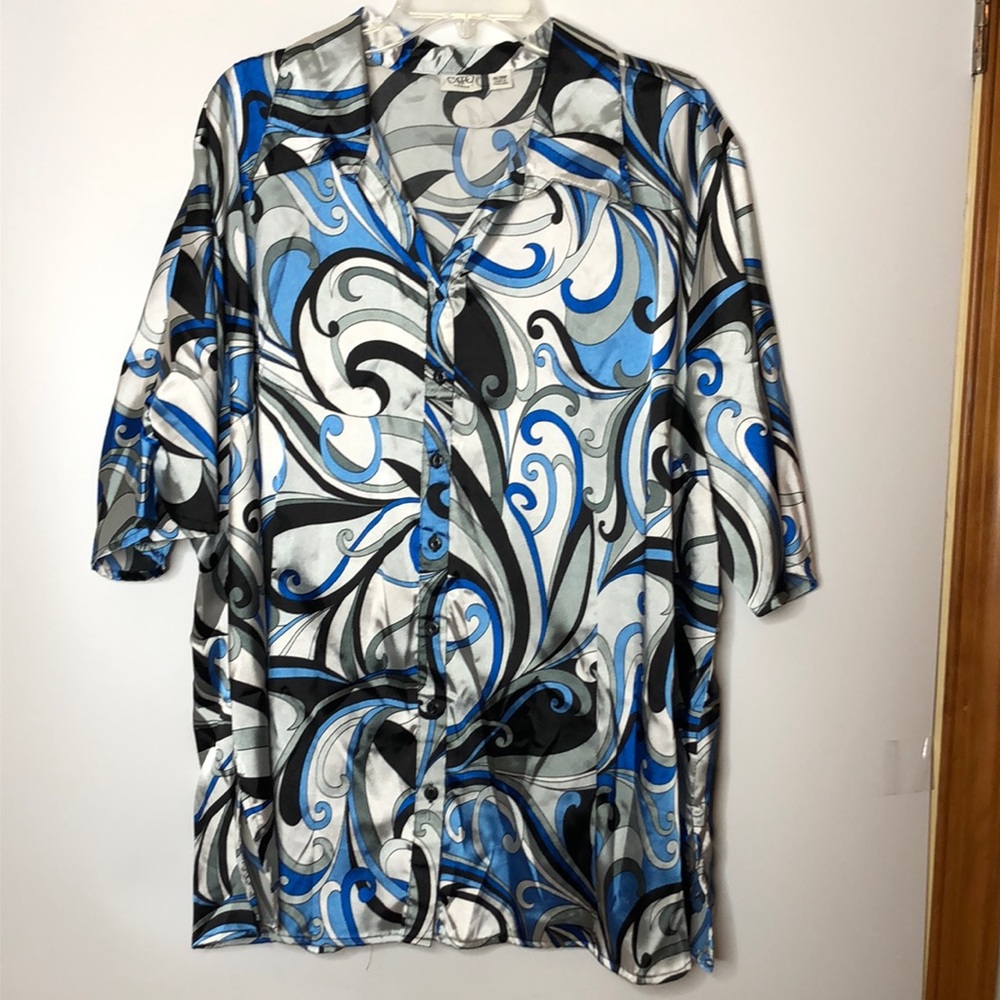 Cato Womens Satiny Short Sleeve Button Down Top Blue White 26/28W PLUS SIZE